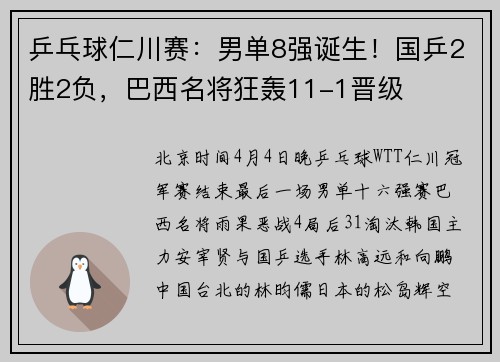乒乓球仁川赛：男单8强诞生！国乒2胜2负，巴西名将狂轰11-1晋级