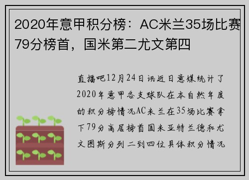2020年意甲积分榜：AC米兰35场比赛79分榜首，国米第二尤文第四